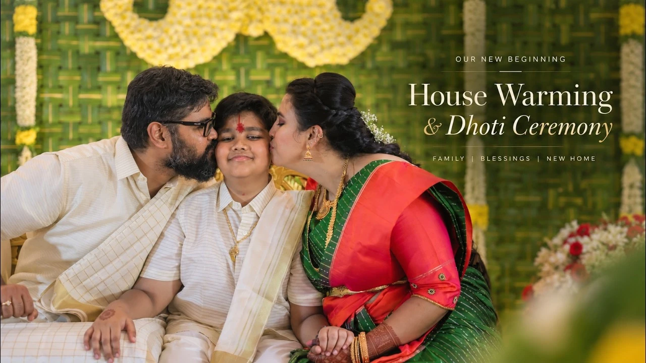 Two adults kiss a smiling child during a housewarming and dhoti ceremony